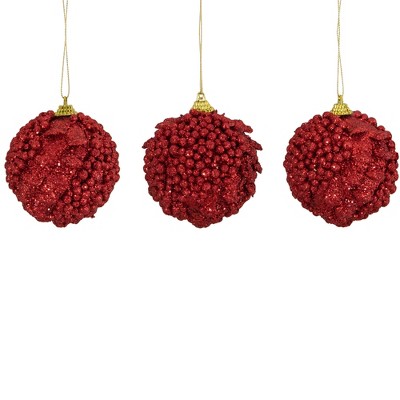 Northlight 3ct Cherry Red Shatterproof Holographic Glittered Christmas Ball Ornaments 3" (75mm)