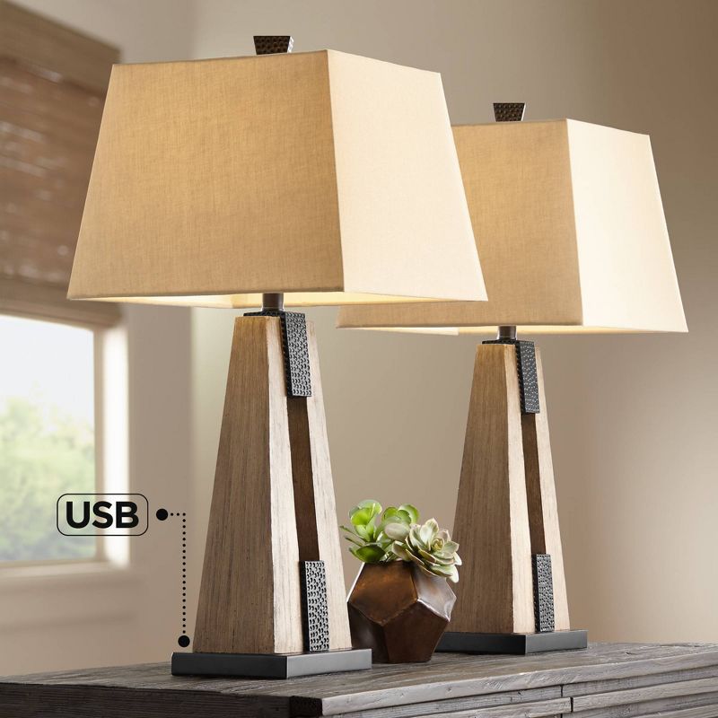 John Timberland Mitchell Rustic Farmhouse Table Lamps 27" Tall Set of 2 Wood with USB Charging Port Oatmeal Tapered Rectangular Shade for Living Room, 2 of 10