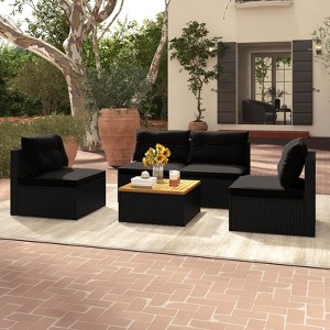Costway 5 Piece Outdoor Furniture Set with Seat & Back Cushions Acacia Wood Tabletop Blue/Black - 1 of 4