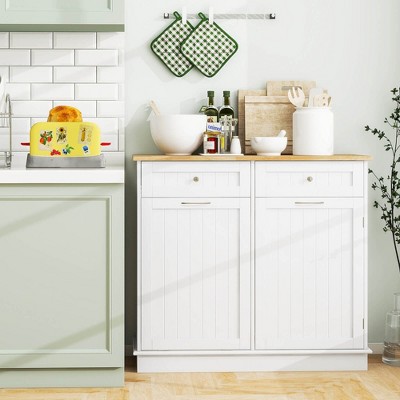 White Rubber Wood Kitchen Trash Cabinet with Adjustable Shelf