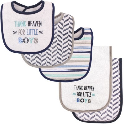 Luvable Friends Baby Boy Bib and Burp Cloth Set 5pk, Boy Thank Heaven, One Size