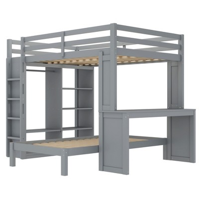 Isometric diagram of a bunk bed with desk showing structure and dimensions