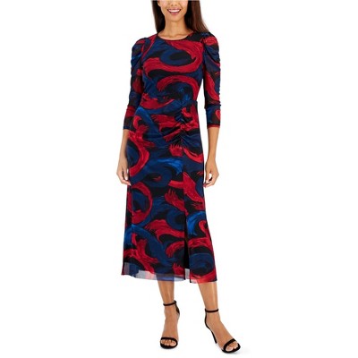 Anne Klein Womens Puff Sleeve Mesh Midi Dress