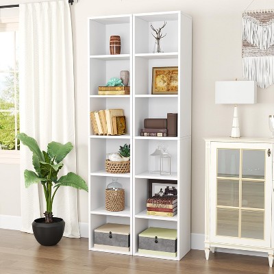 AOXUN 2 Pieces Tall Narrow Bookshelf, 6-Tier Cube Display Rack, Modern Corner Bookshelf, Storage Cabinet for Home, Office, White