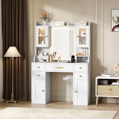 Makeup Vanity Desk with Mirror and Lights, 3 Light Modes Large Makeup Vanity Table with Charging Station White