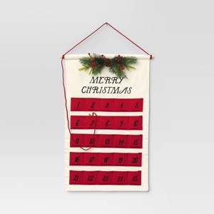 21.5" 'Merry Christmas' Fabric Hanging Advent Calendar with Faux Greenery and Star Counter Cream/Red - Wondershop™ - 1 of 4
