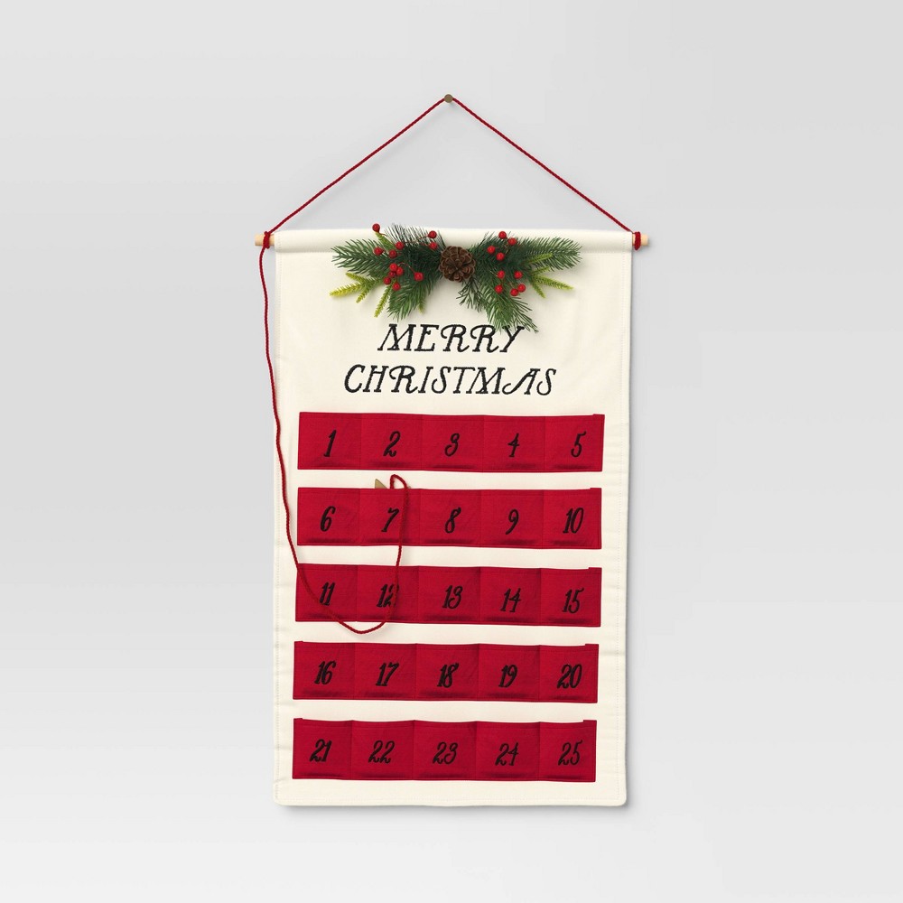 21.5 Merry Christmas Fabric Hanging Advent Calendar with Faux Greenery and Star Counter Cream/Red - Wondershop