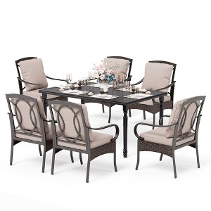 Captiva Designs 7pc Patio Dining Set with Slat-top Steel Table & Rattan Metal Chairs with Removable Cushions - 1 of 4
