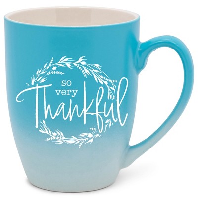 Elanze Designs So Very Thankful Wreath Two Toned Ombre Matte Teal and White 12 ounce Ceramic Stoneware Coffee Cup Mug