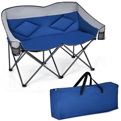 Costway Folding Camping Chair Loveseat Double Seat w/ Bags & Padded Backrest Blue