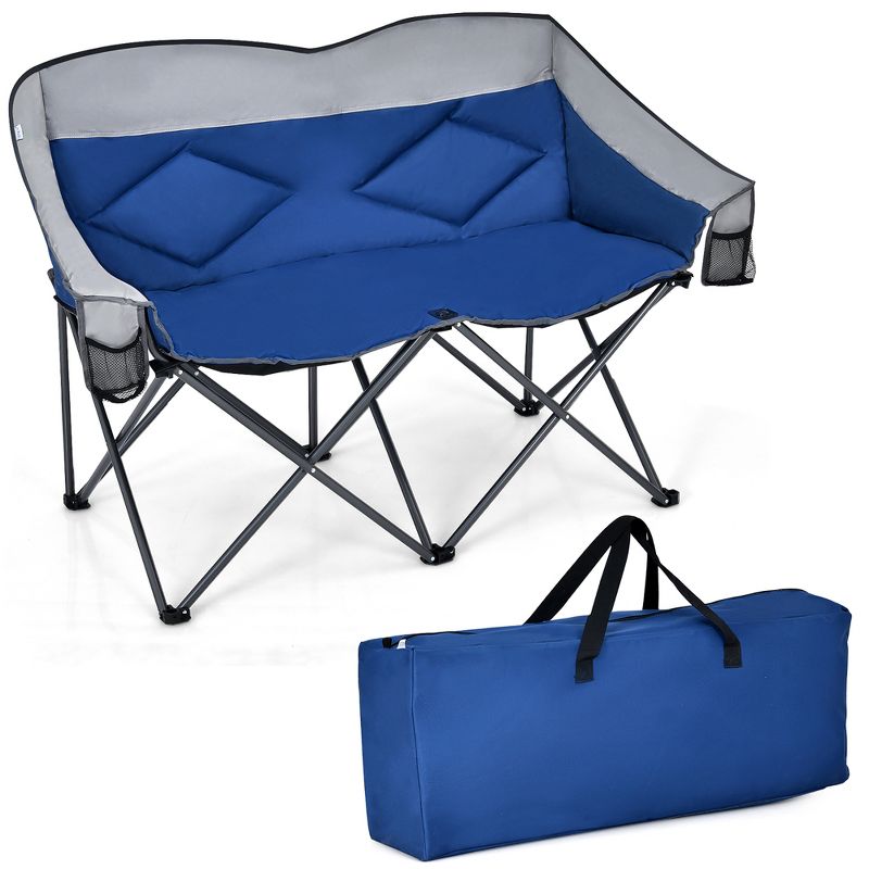 Costway Folding Camping Chair Loveseat Double Seat w/ Bags & Padded Backrest Gray\Blue, 1 of 11