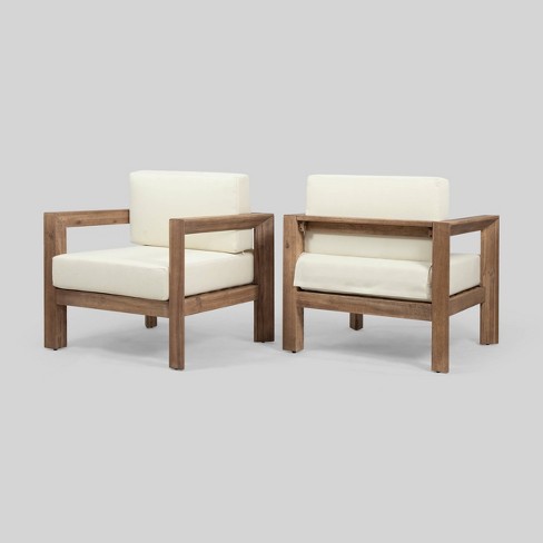 Burchett 2pk Outdoor Acacia Wood Club Chairs with Cushions - Teak/Brown/Beige - Christopher Knight Home