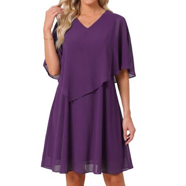 knee length flowy summer dresses INSPIRE CHIC Women's Chiffon Half Sleeve V Neck Wedding Guest Dress Small Dark Purple US-Inventory