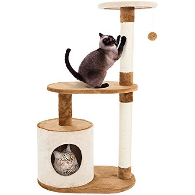 3-Tier Cat Tree - 2 Napping Perches, Kitten Condo, 2 Sisal Rope Scratching Posts, and Hanging Toy - Tower for Indoor Kitties by PETMAKER (Brown