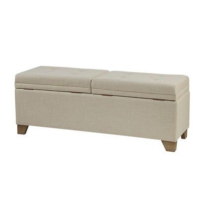 Beige Upholstered Storage Bench with Natural Wood Legs