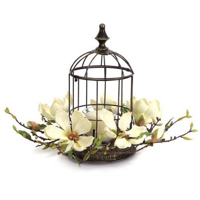 Melrose 15" Elegant Magnolia Flower Bird Cage Votive Candle Holder with Glass Globe