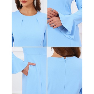 Женские платья INSPIRE CHIC Women's Church Formal Bell Sleeve Crew Neck Knee Length Side Pocket A-Line Dress XX-Large Sky Blue — фото 3