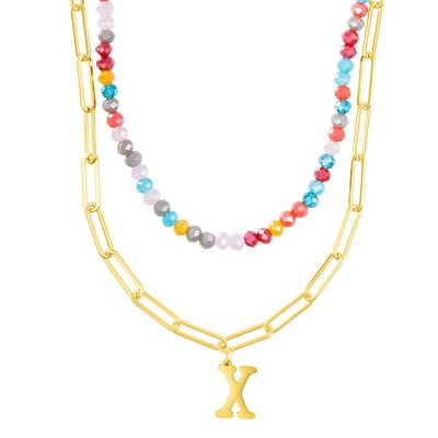 Adornia 14k Gold Plated Adjustable Layered Color Beads and Paperclip Chain Initial Necklace