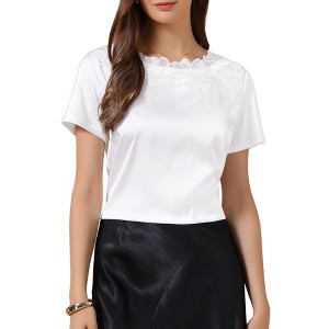 INSPIRE CHIC Women's Summer Satin Dressy Casual Short Sleeve Crew Neck Floral Lace Elegant Blouses - 1 of 4