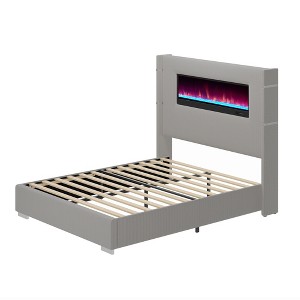AMERLIFE Modern Platform Bed Frame with Fireplace, Wingback Design, Headboard, No Box Spring Needed - 1 of 4