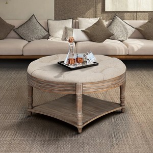 VYNXARIA Large Round Waterproof Ottoman Coffee Table: 2-Tier Button-Tufted Design with Wooden Shelf Storage£¬Khaki - 1 of 4