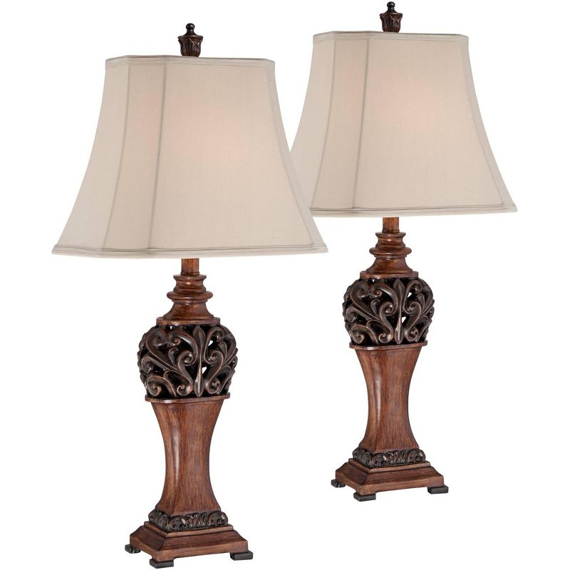 Regency Hill Exeter Traditional Table Lamps 30" Tall Set of 2 Bronze Wood Carved Leaf Cream Rectangular Bell Shade for Bedroom Living Room Bedside, 1 of 11
