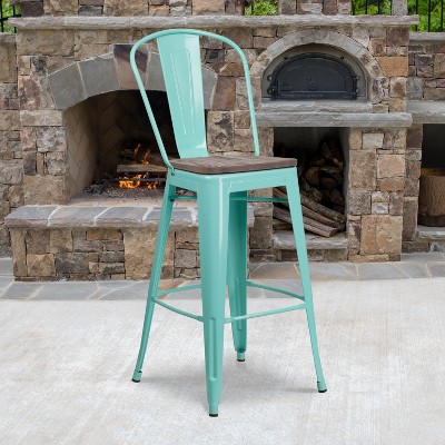 Mint Green Metal Barstool with Walnut Wood Seat