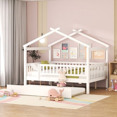 PAGED Twin Size House Shaped Bed Simple Modern Wooden Bed Frame with Headboard and Twin Size Trundle for Bedroom