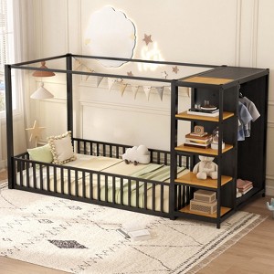 Floor Bed Frame for Kids, Metal Bed Frame with Wardrobe & Storage Shelves, Floor Bed with Fence for Boys Girls - 1 of 4