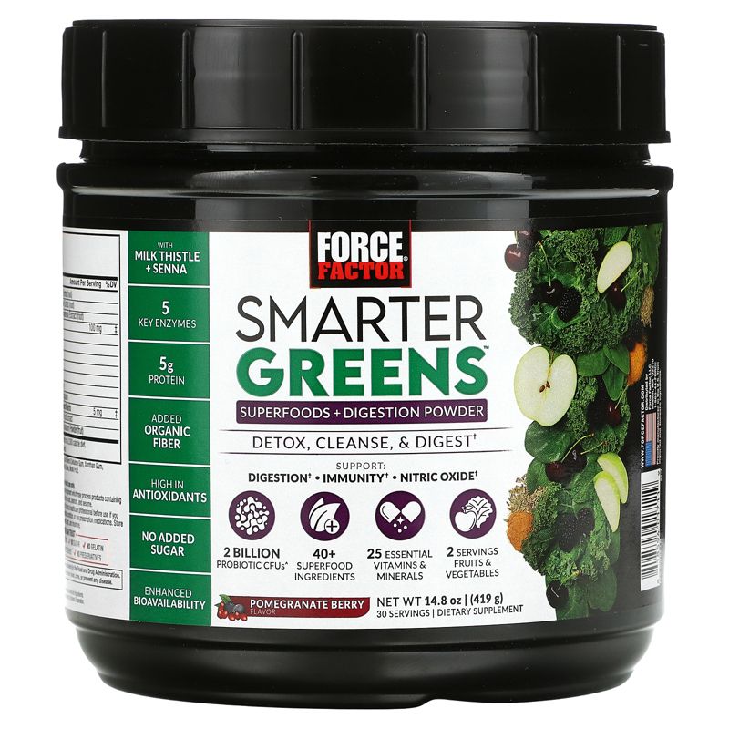 Force Factor Smarter Greens, Superfoods + Digestion Powder, Pomegranate Berry, 14.8 oz (419 g), 1 of 3