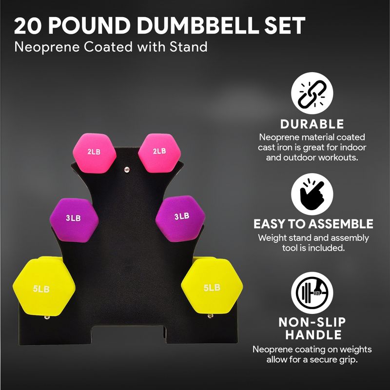 BalanceFrom Fitness 3 Pair Neoprene Coated 2, 3, and 5 Pound Dumbbell Weight Set for Various Strength Training Workouts with Storage Rack Stand, 3 of 7