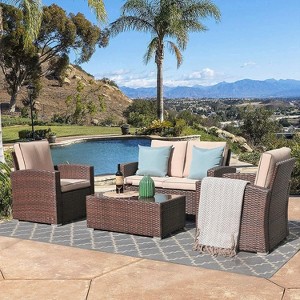 SUGOLD Patio Furniture Set, 4 Piece Outdoor Patio Conversation Set, All-Weather PE Rattan Wicker Sectional Patio Sofa Set with Tempered Glass Coffee - 1 of 1