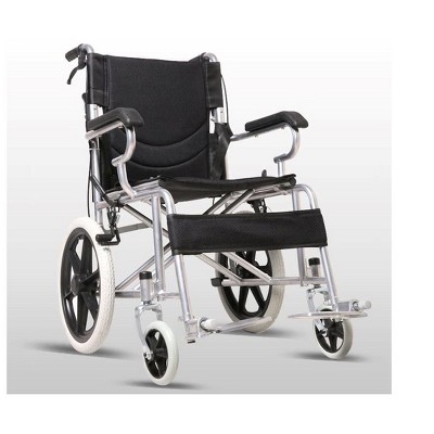 Wheelchair Lightweight Folding Portable Transport Chair, 220 lbs Capacity, with Bags Solid Tires Seatbelt Hand Brakes, 18in Seat, Swing Away Footrests