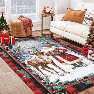 Christmas Santa Claus Reindeer Area Rug Washable Non Slip Winter Rugs Christmas for Living Room Low Pile Throw Rug Carpet - 1 of 4