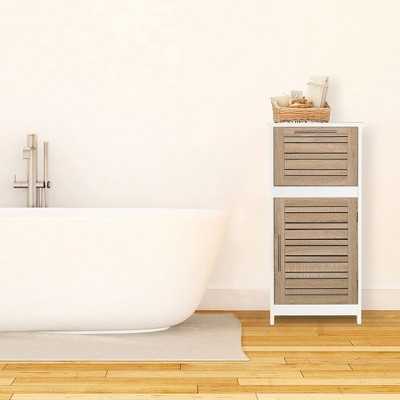 White and Oak Freestanding Bathroom Cabinet with Adjustable Shelving