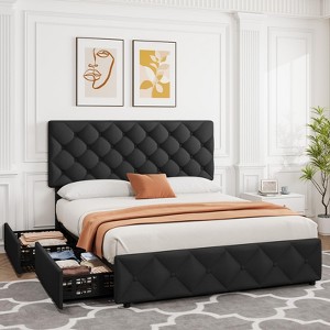 King Size Bed Frame with 4 Storage Drawers & Adjustable Headboard, Linen Upholstered Platform, Diamond Stitched, No Box Spring Needed, Black - 1 of 4