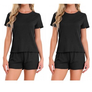INSPIRE CHIC Women's 4 Pcs Ribbed Knit Soft Short-Sleeve Top & Shorts Ruffled Lounge Pajama Set with Pocket - 1 of 4
