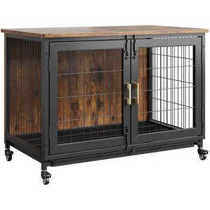 Dog Crate Furniture - Wood & Steel Pet Cage with 2 Doors & Locking Wheels, 37" End Table for Small/Large Dogs, Brown - 1 of 4