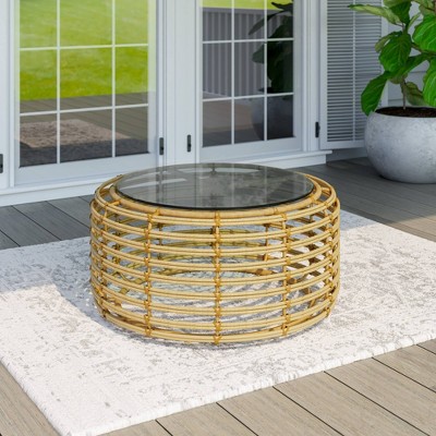 Outdoor Aluminum Coffee Table with Glass Top- Brown - TK Classics