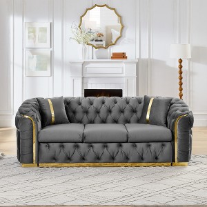 90.6" Velvet 3-Seater Button Tufted Sofa Couch with Gold Stainless Steel Accents for Living Room with 2 Pillows - 1 of 4