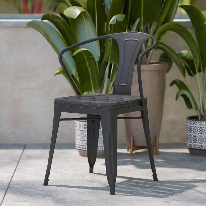 Flash Furniture Helvey Commercial Indoor/Outdoor Black Stacking Arm Chair with Vertical Slat Back and Poly Resin Slatted Seat, Set of 2, 3 of 13