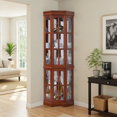 Wooakway Oak Finish Corner Curio Cabinet with 5 Shelves and Display Lighting