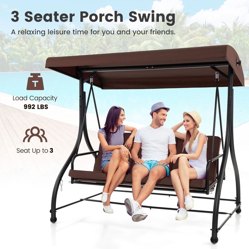 Costway 3-Seat Outdoor Converting Patio Swing Glider Adjustable Canopy Porch Swing Coffee/Black/Wine, 5 of 11