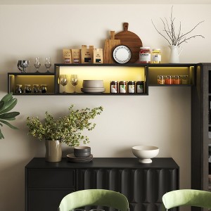 Racxily 65.35in Wall Mounted Floating TV Stand with 20 Color LEDs & Charging Station - 3-Space Wall Mounted Floating TV Stand for Stylish,Black - 1 of 4