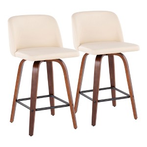 Mid-Century Modern 360¡ã Swivel Counter Stools with Padded Faux Leather Seat, Bent Wood Legs, and Square Footrest (Set of 2) for Kitchen - 1 of 4