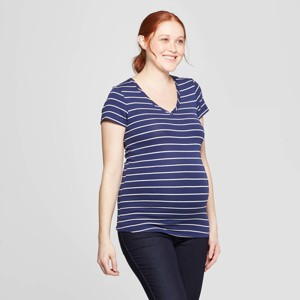 Maternity Striped Short Sleeve V-Neck T-Shirt - Isabel Maternity by Ingrid & Isabel Navy/White XS, Women