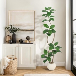 Real Touch Artificial Rubber Tree in White Resin Planter w/Decorative Stones - Faux Fiddle Leaf Style, Tall Indoor Floor Plant for Home Decor - 1 of 4