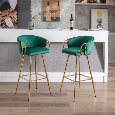 DSVIMOY Counter and Bar Stool Set of 2 Velvet Bar Stools with Chrome Footrest and Golden Legs for Kitchen Dining Room, Green, 28.74"*16.92"*18.5"