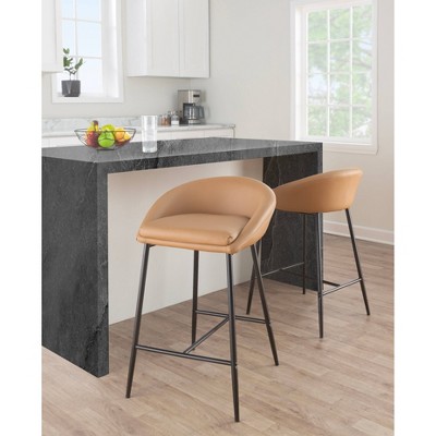 Camel Faux Leather Counter Stools with Black Metal Frame, Set of 2