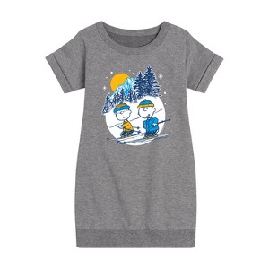 - Peanuts - Charlie Brown And Linus Skiing Graphic Short Sleeve Fleece Dress - 1 of 4